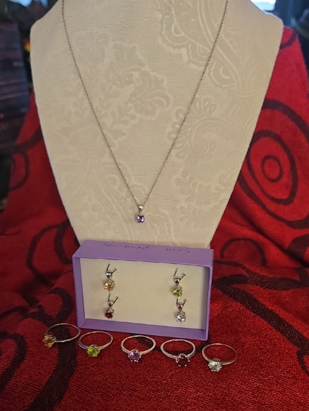 5 Gemstone Solitaire Pendants, set in Sterling,with 18" Sterling Chain & 5 Rings